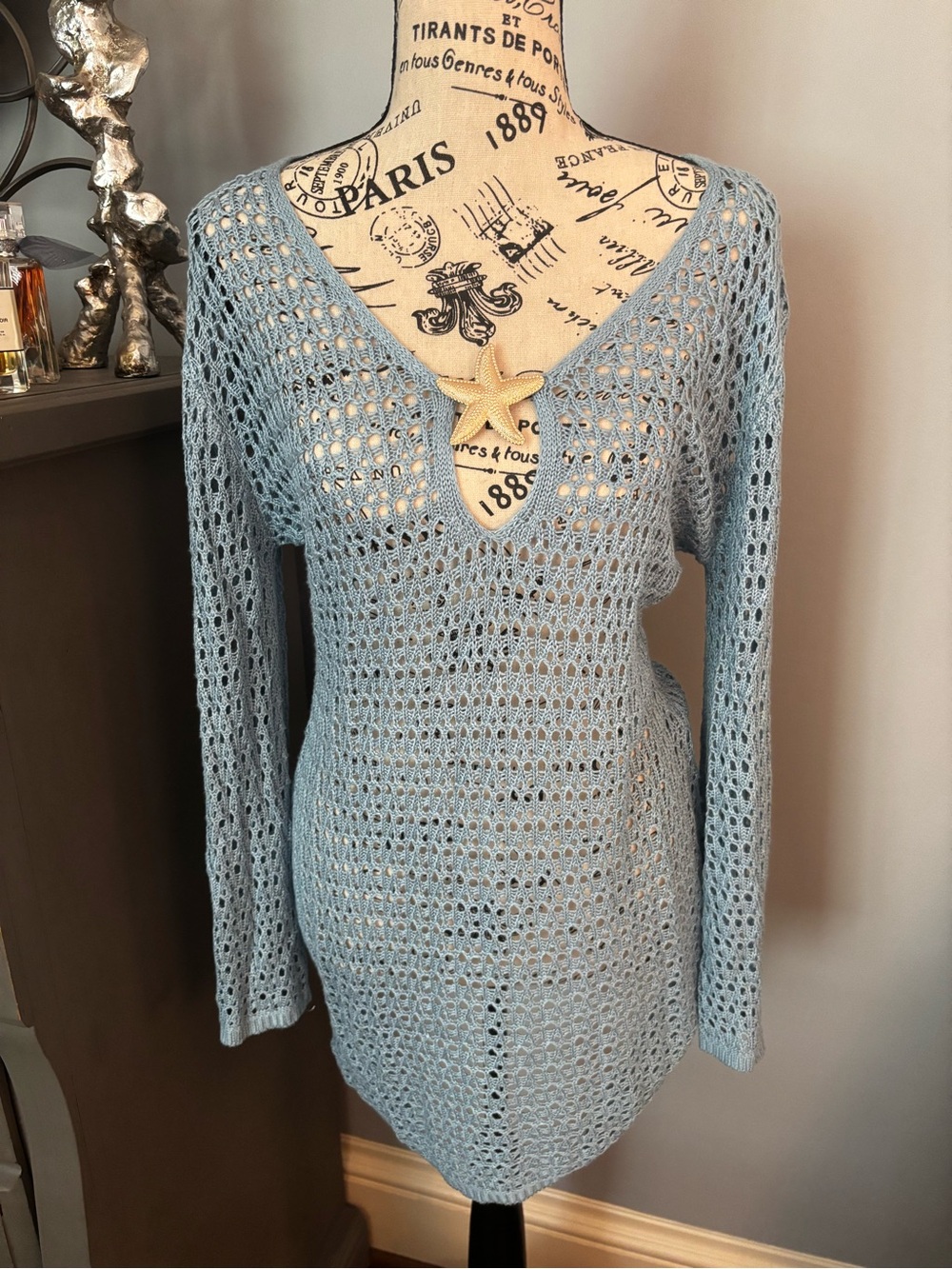 Light Blue Open-Knit V-Neck Beach/Swim Cover Up Dress